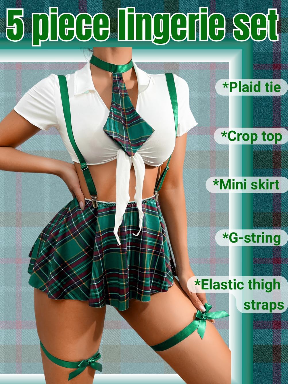 Costumes For Women,Halloween Lingerie Outfits,Tie Crop Top & Plaid Skirt Set