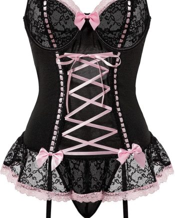 Sexy Rave Mesh Corset Ruffle Lace Up  Sheer Garter Belt Babydoll Lingerie Set With Thong 3 Piece Women